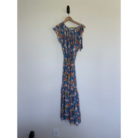 SHOSHANNA periwinkle blue yellow floral Peony smocked midi spring dress - Picture 13 of 13